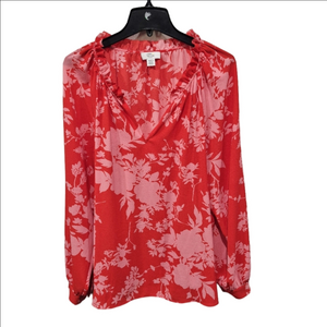 Lord & Taylor Floral V-Neck Blouse Red Pink Long Sleeve Ruffle Neck Top